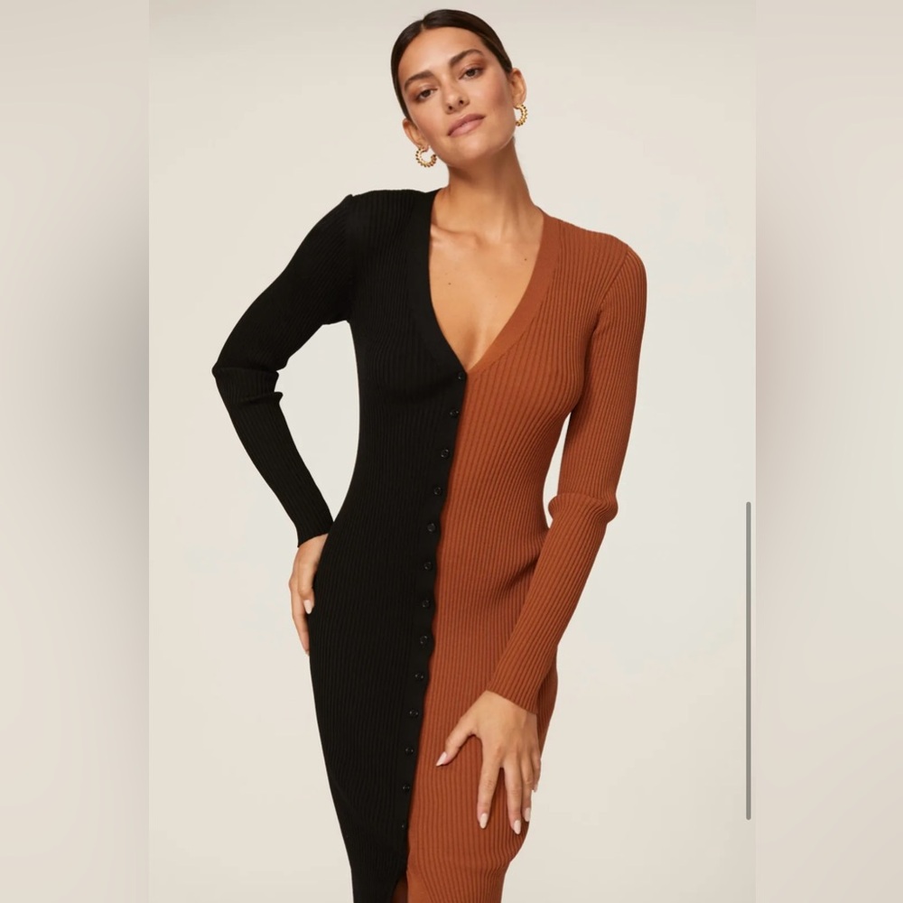 STAUD SHOKO COLORBLOCK RIB KNIT DRESS IN TAN AND BLACK SIZE S - Picture 2 of 8